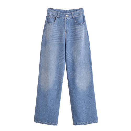 Damen High-Waist-Jeanshose mit weitem Bein, geradem Saum und dezenter Used‑Optik Nord Taschen