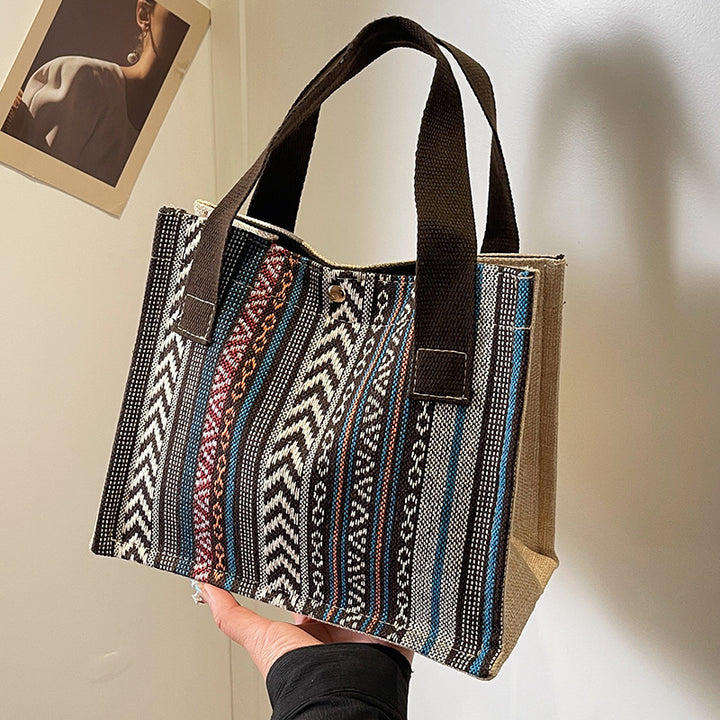Damen Jute-Tragetasche mit buntem Muster und stabilen Baumwollgriffen Nord Taschen