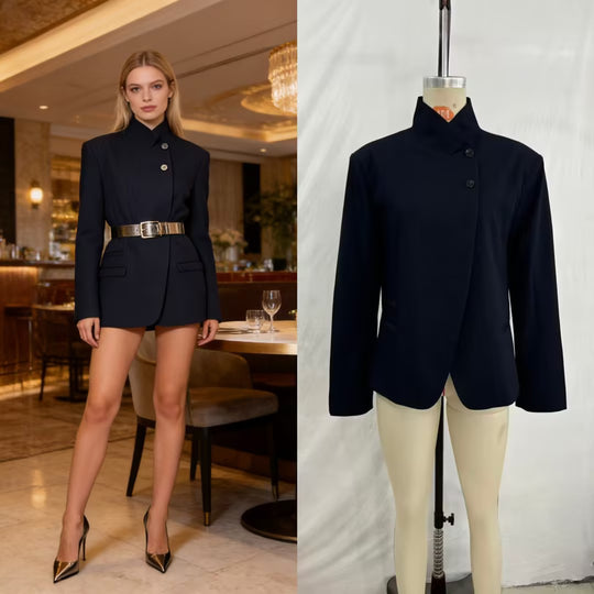 Damen taillierter Blazer mit Stehkragen und asymmetrischer Knopfleiste Nord Taschen