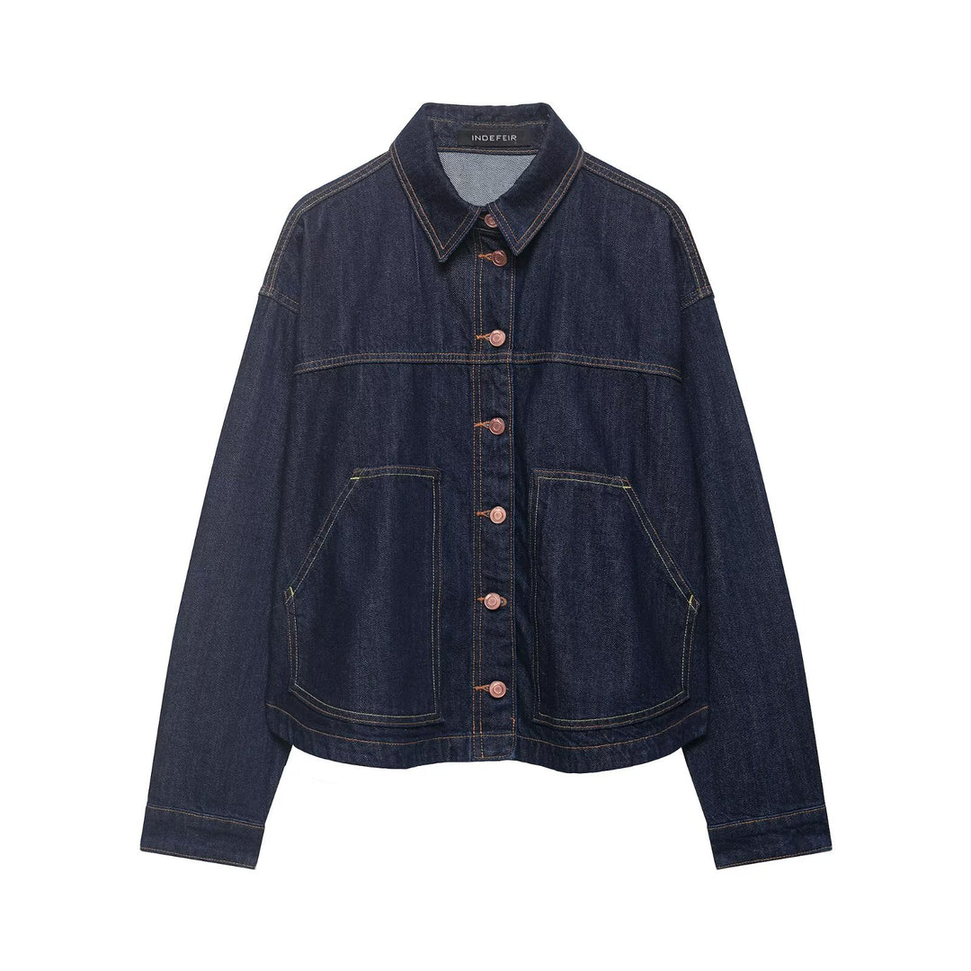 Damen Boxy Cropped Denim-Workerjacke mit großen aufgesetzten Fronttaschen Nord Taschen