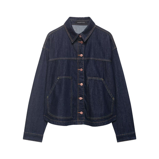 Damen Boxy Cropped Denim-Workerjacke mit großen aufgesetzten Fronttaschen Nord Taschen
