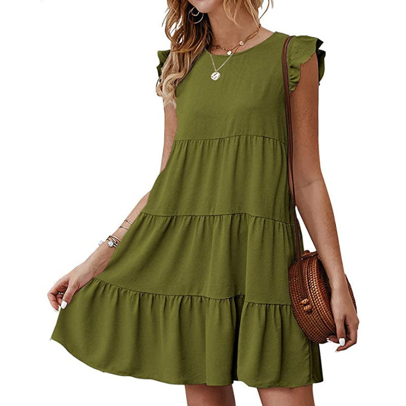 Damen lässiges tierfreies T-Shirt Kleid mit Volantärmel Nord Taschen