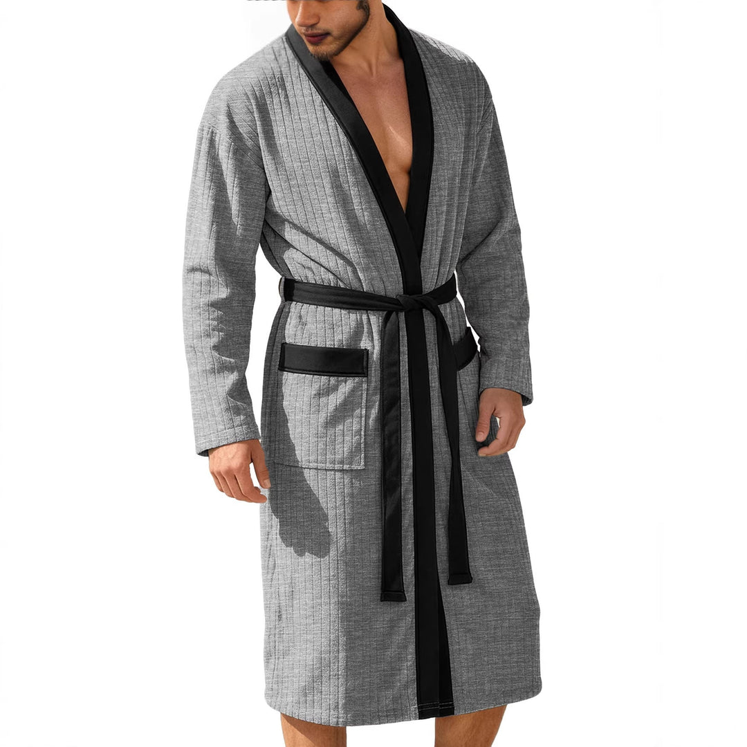 Herren nan wadenlanger Rippen-Bademantel im Kimono-Stil mit Schalkragen und Kontrastpaspel