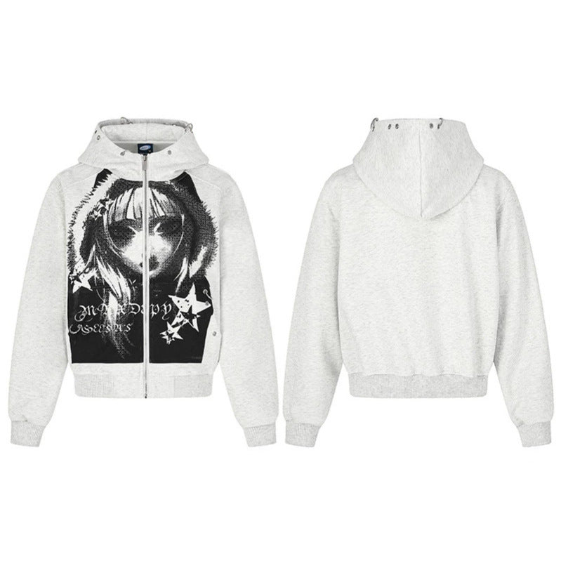 Damen Kapuzen‑Sweatjacke mit fotorealistischem Manga‑Frontprint, Fleece‑Futter und durchgehendem Reißverschluss Nord Taschen