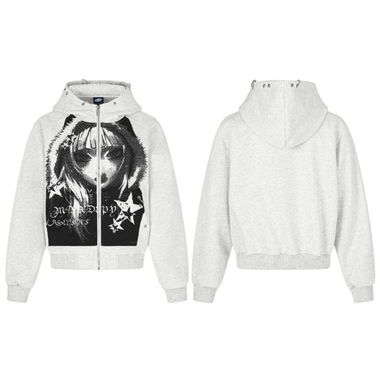 Damen Kapuzen‑Sweatjacke mit fotorealistischem Manga‑Frontprint, Fleece‑Futter und durchgehendem Reißverschluss Nord Taschen