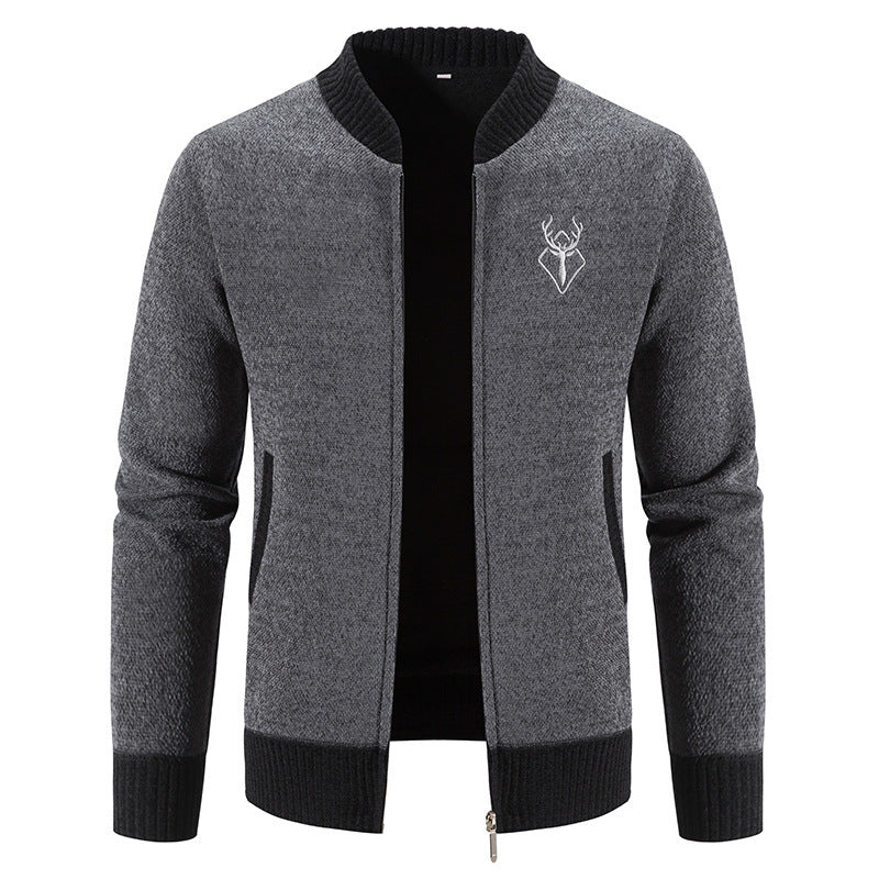 Herren lässiger Zip-Strickblouson mit weichem Thermofutter, geripptem Stehkragen und Hirsch-Logo Nord Taschen