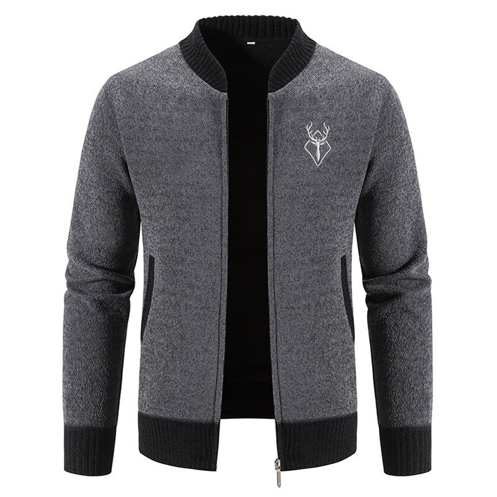 Herren lässiger Zip-Strickblouson mit weichem Thermofutter, geripptem Stehkragen und Hirsch-Logo Nord Taschen