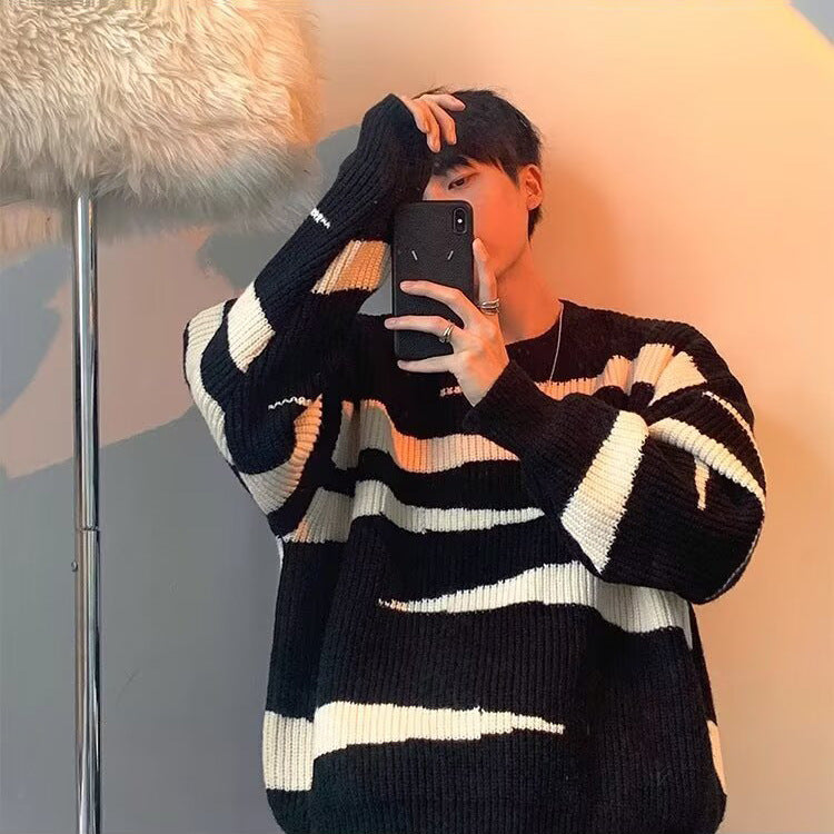 Herren Lässiger Grobstrickpullover mit Streifen Nord Taschen