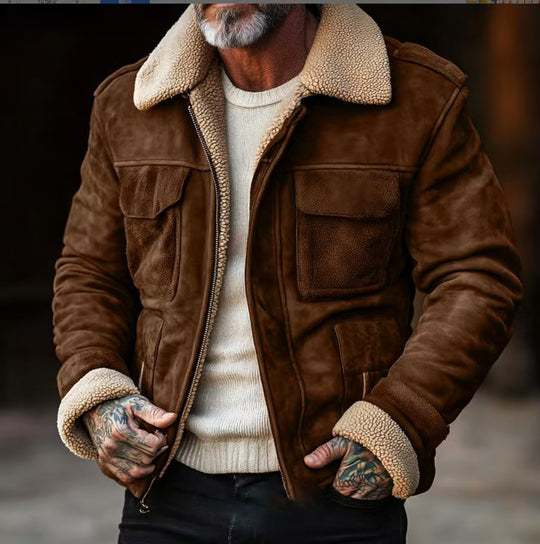 Herren Fliegerjacke aus Veloursleder mit Teddyfutter und aufgesetzten Pattentaschen Nord Taschen