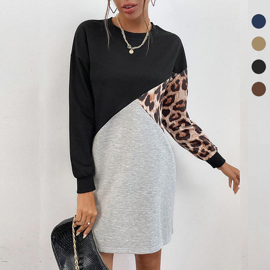 Damen Oversize-Sweatkleid mit Colorblock-Design und Leopardenärmeln Nord Taschen