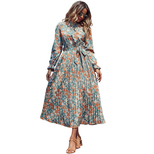 Damen Elegantes Plisseekleid mit Blumenprint, Raffung am Kragen und Bindegürtel Nord Taschen
