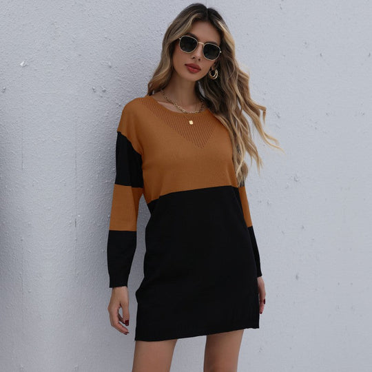 Damen Feinstrick-Minikleid mit Colorblock-Design, V‑Ajour-Ausschnitt und geripptem Saum Nord Taschen