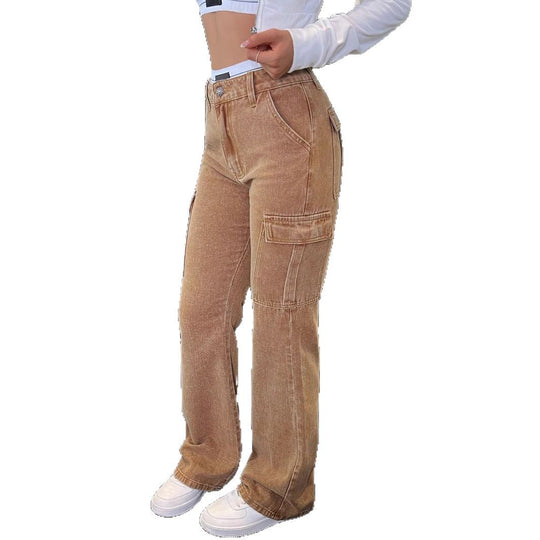 Damen Hochgeschnittene Cargo-Jeans im Flared-Cut mit Tunnelzugbündchen Nord Taschen