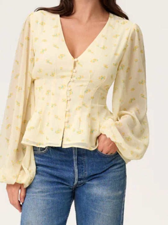 Damen Jacquard-Spitzenbluse mit tailliertem Schößchen und Ballonärmeln Nord Taschen