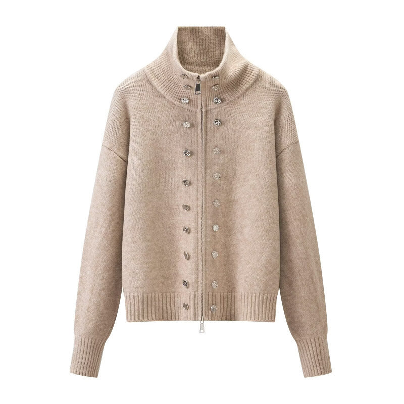 Damen Cropped Strickjacke mit hohem Stehkragen, Zierknopfleiste und Doppelreißverschluss Nord Taschen