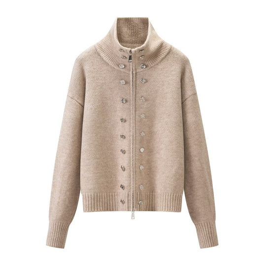 Damen Cropped Strickjacke mit hohem Stehkragen, Zierknopfleiste und Doppelreißverschluss Nord Taschen