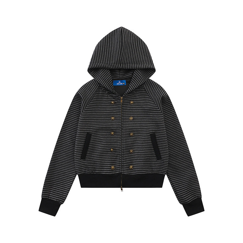 Damen gestreifte Kapuzen-Sweatjacke im Marine‑Look mit Doppelreiher‑Optik und Frontreißverschluss Nord Taschen
