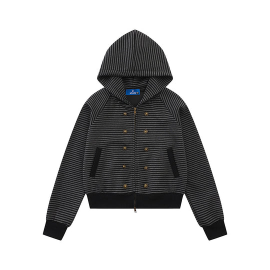 Damen gestreifte Kapuzen-Sweatjacke im Marine‑Look mit Doppelreiher‑Optik und Frontreißverschluss Nord Taschen