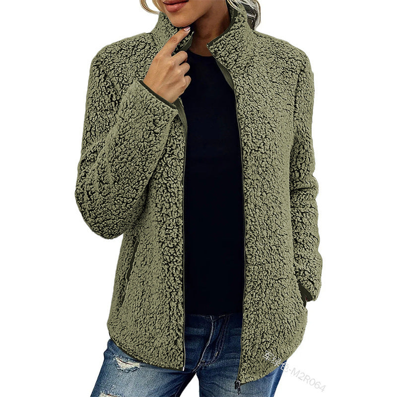 Damen kuschelige Teddy-Fleecejacke mit Stehkragen und Reißverschluss Nord Taschen
