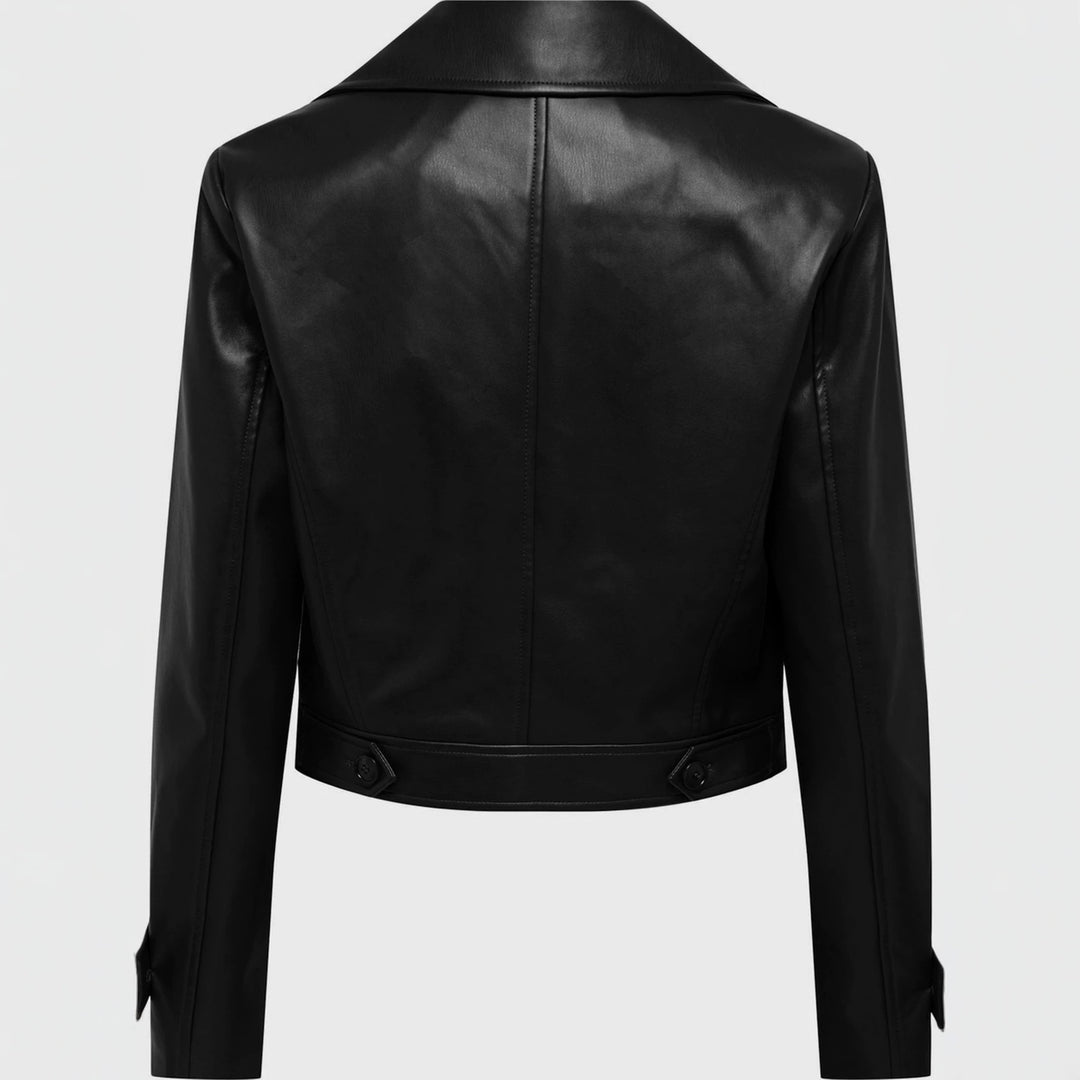 Damen kurz geschnittene Doppelreihige Lederjacke mit breitem Revers Nord Taschen