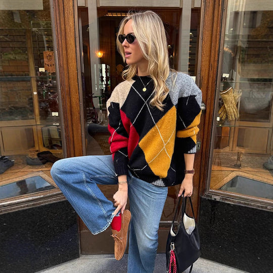 Damen Oversize Argyle-Pullover aus Mohair-Mix mit Rundhalsausschnitt und kontrastierenden Rautendetails Nord Taschen