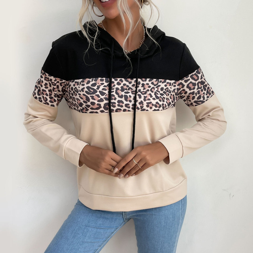 Damen Kapuzensweatshirt mit Leoprint-Besatz und Kängurutasche Nord Taschen