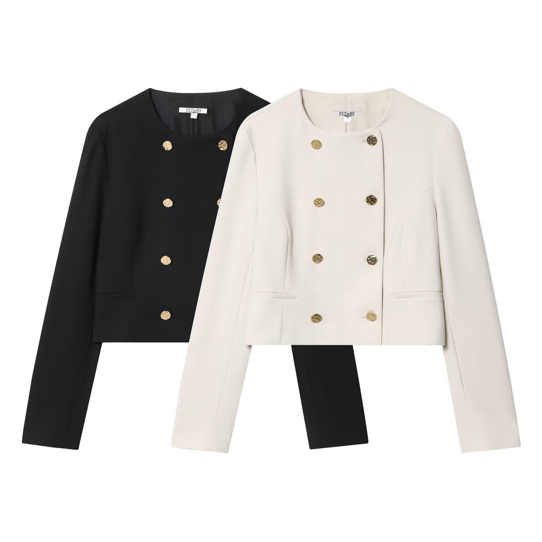 Damen Kurzer Doppelreihiger Blazer mit Rundhals und Zierknöpfen Nord Taschen