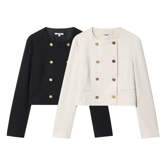 Damen Kurzer Doppelreihiger Blazer mit Rundhals und Zierknöpfen Nord Taschen