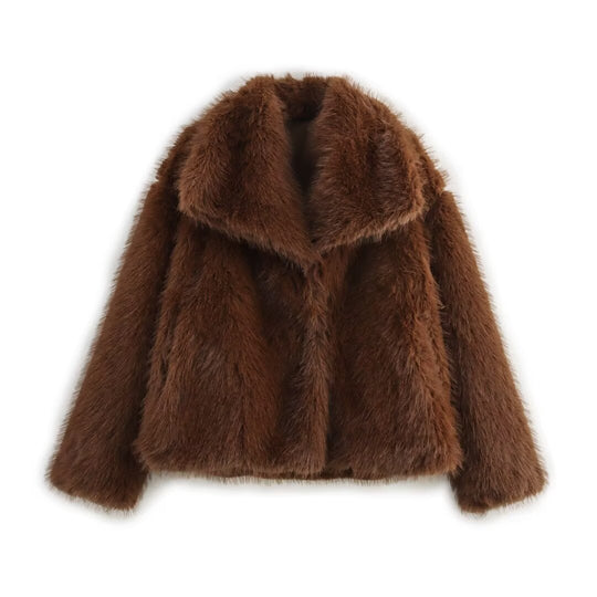 Damen Kurz geschnittener Faux-Fur-Mantel mit voluminösem Schalkragen und geradem Schnitt Nord Taschen