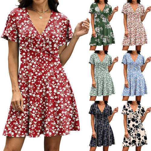 Damen Kurzärmeliges Wickelkleid mit floralen Mustern und V-Ausschnitt