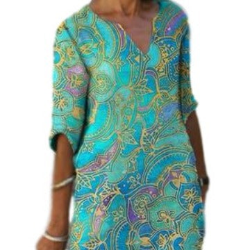 Damen Freizeitleichtkleid mit elegantem V-Ausschnitt und buntem Muster