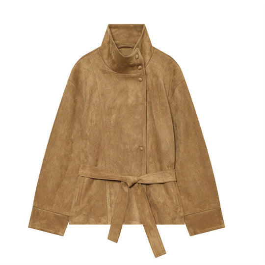 Damen Kurzjacke im Boxy-Cut aus Velourslederoptik mit hohem Stehkragen und Bindegürtel Nord Taschen