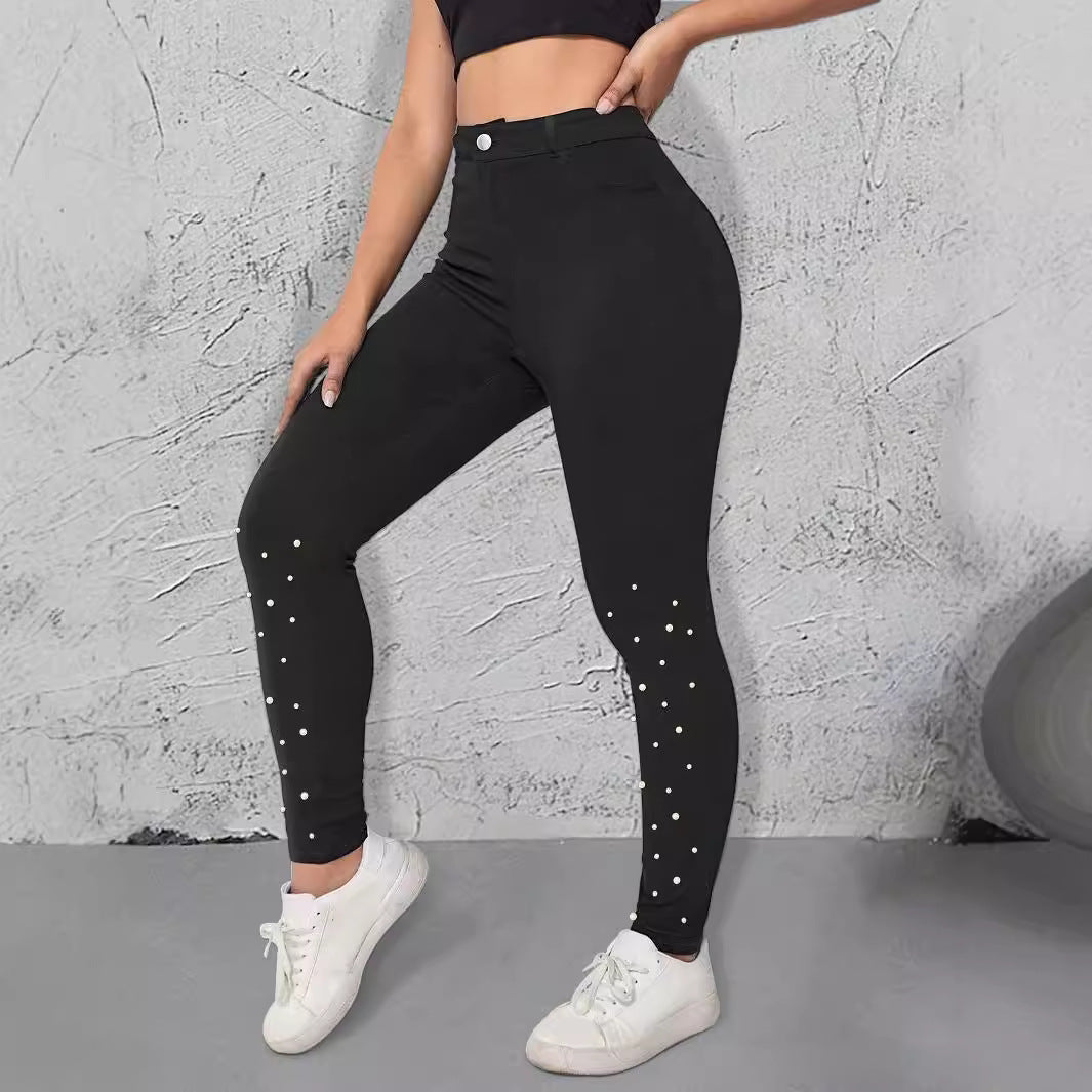Damen High-Waist Stretch-Jeggings im Denim‑Look mit Perlen-Scatter Nord Taschen