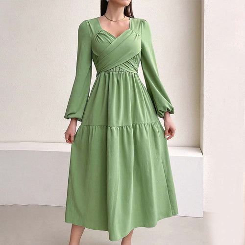 Damen langärmeliges Midikleid mit überkreuztem Drapé-Bustier, elastischer Unterbrustnaht und zweistufigem Stufenrock Nord Taschen