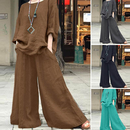 Damen Luftiges Leinen-Lounge-Set mit kastiger Tunika und extra weitem Palazzo-Hosenbein Nord Taschen