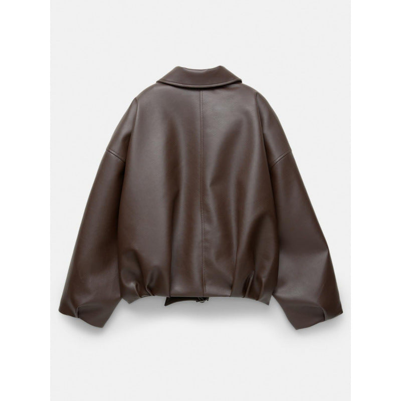 Damen Oversized Lederimitat-Blouson mit Taillengürtel Nord Taschen