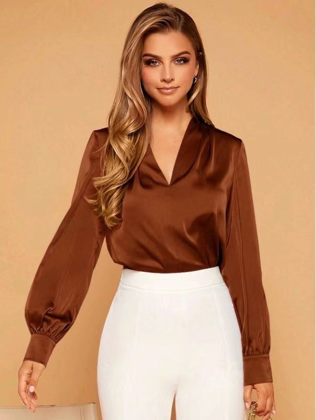 V-Ausschnitt Langarm Satin Bluse