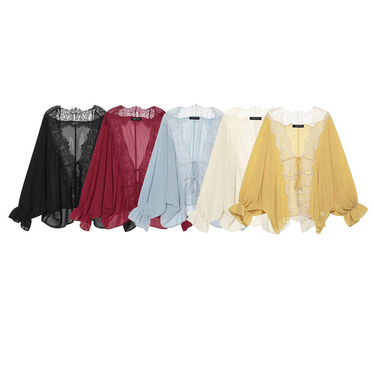 Damen Fließende Kimono‑Bluse mit Spitzenbesatz und Bindeband Nord Taschen