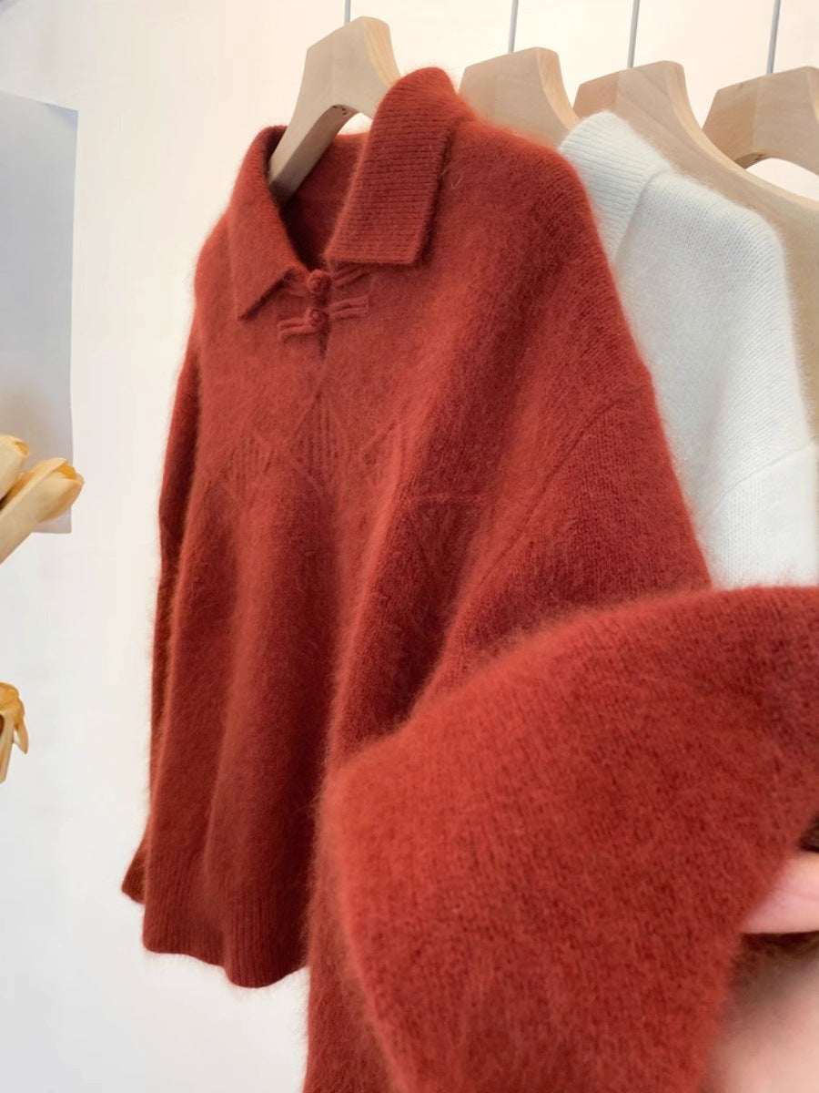 Damen Polokragen-Pullover im Mohair‑Look mit Ajour‑Zopfmuster, überschnittener Schulter und weiter Silhouette Nord Taschen