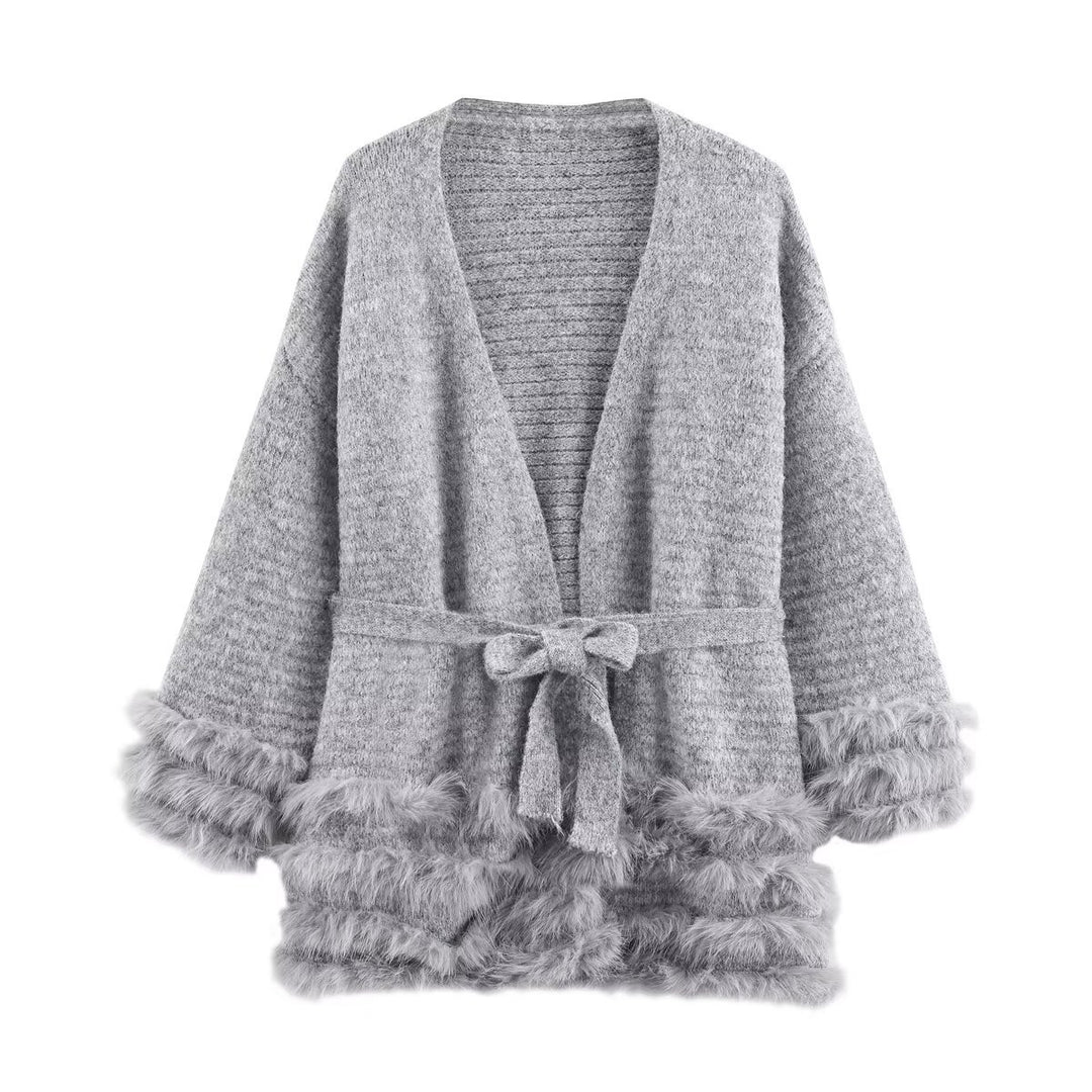 Damen Strick-Cardigan mit Bindegürtel und Faux-Fur-Besatz Nord Taschen