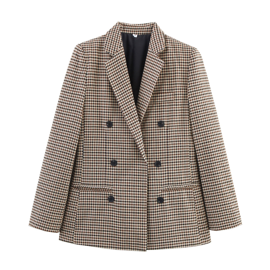 Damen Doppelreihiger Wollmix-Blazer im Glencheck/Hahnentritt mit leicht boxy Schnitt Nord Taschen