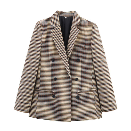 Damen Doppelreihiger Wollmix-Blazer im Glencheck/Hahnentritt mit leicht boxy Schnitt Nord Taschen