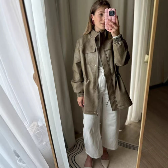 Damen Lederoptik-Parka mit Tunnelzugtaillierung, Stehkragen und Pattentaschen Nord Taschen