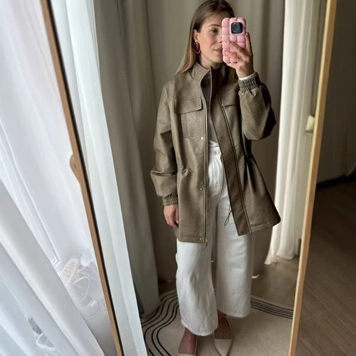 Damen Lederoptik-Parka mit Tunnelzugtaillierung, Stehkragen und Pattentaschen Nord Taschen