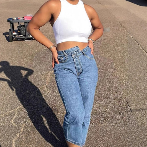Damen Hochgeschnittene Cropped-Mom-Jeans mit asymmetrischem Bund und geradem Bein Nord Taschen