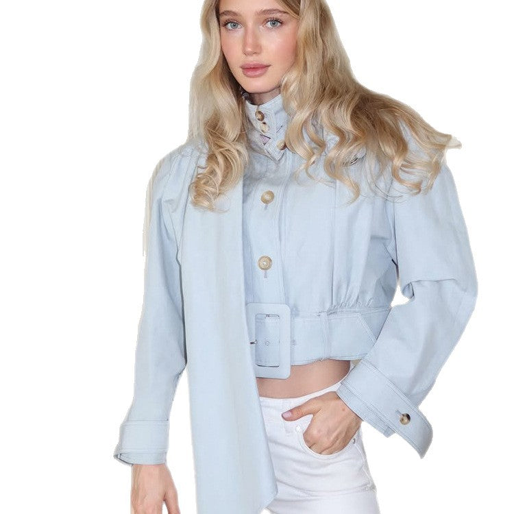 Damen Taillierte Cropped-Jacke mit überlanger Schluppe & breitem Taillengürtel Nord Taschen