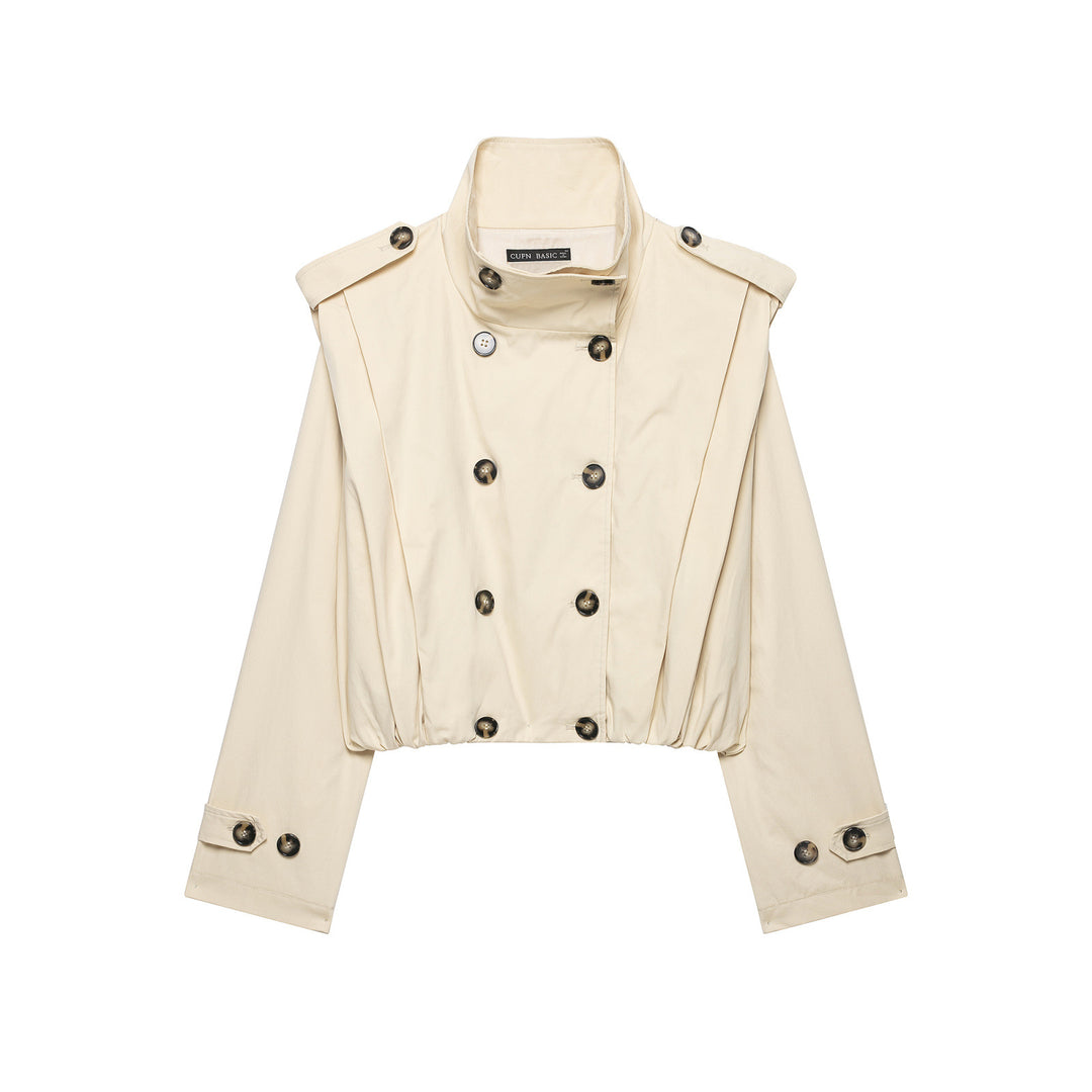 Damen Kurzer Doppelreihiger Trenchblouson mit Stehkragen, Epauletten und elastischem Saum Nord Taschen