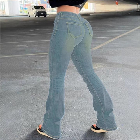Damen tiefsitzende Sculpting-Bootcut-Jeans mit V-Naht und leichtem Stretch Nord Taschen