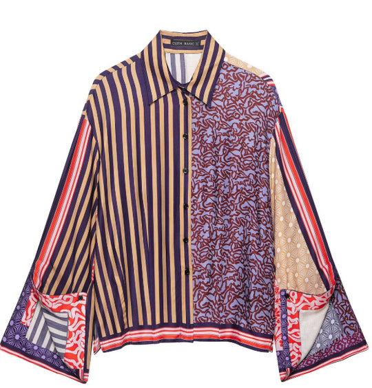 Damen Gemusterte Patchwork‑Bluse mit weitem Glockenärmel und Hemdkragen Nord Taschen