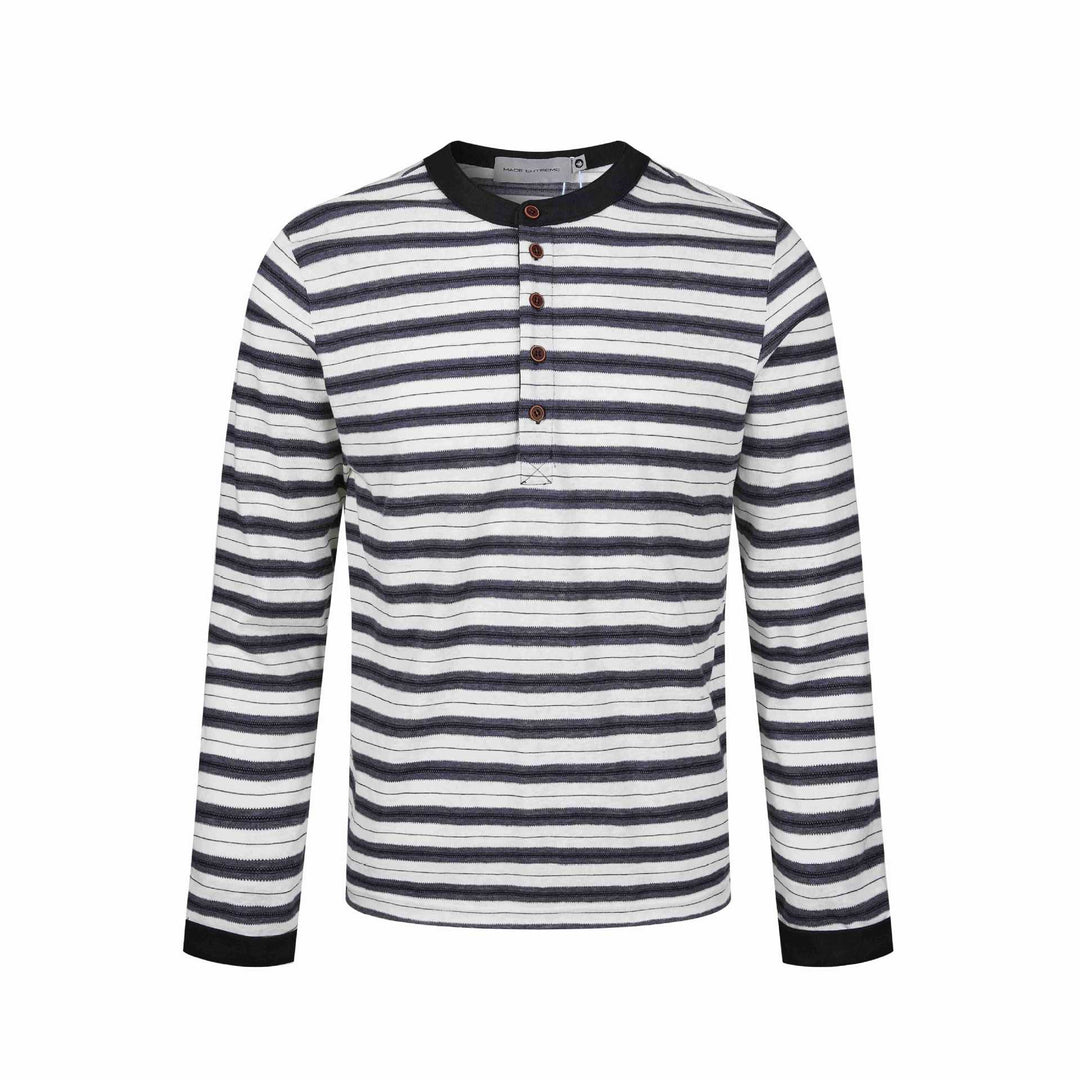 Herren Langarm-Henleyshirt mit gestreifter Struktur und Kontrastkragen Nord Taschen